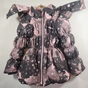 OshKosh Bgosh Girls Camo Snowflake‎ Winter Puffer Jacket Pink Grey Faux Fur Hood